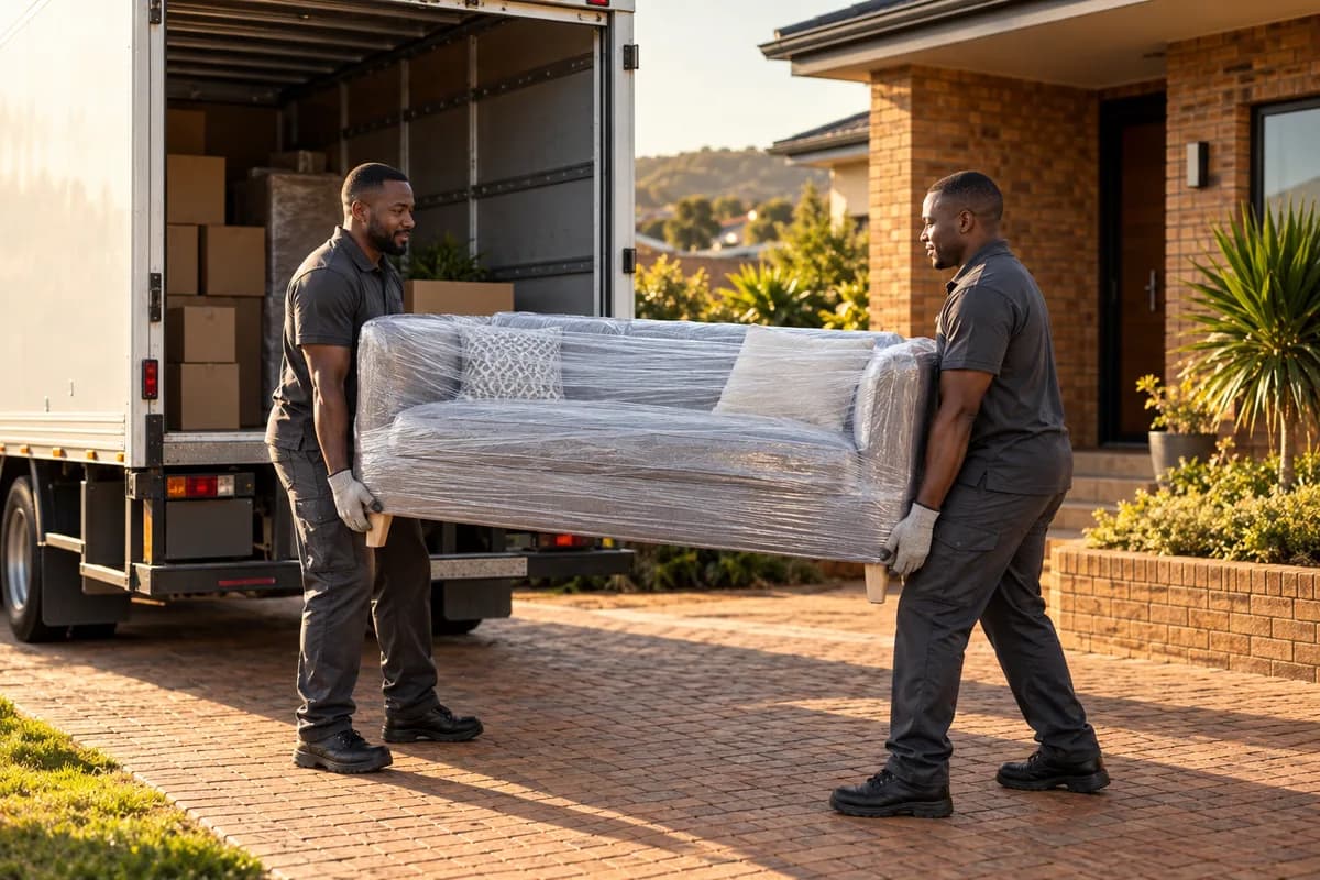 Illustrative image of two movers carrying a wrapped sofa beside a moving truck