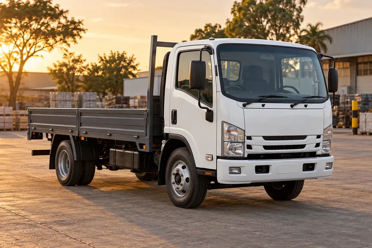 Illustrative image of a white flatbed truck in a commercial yard